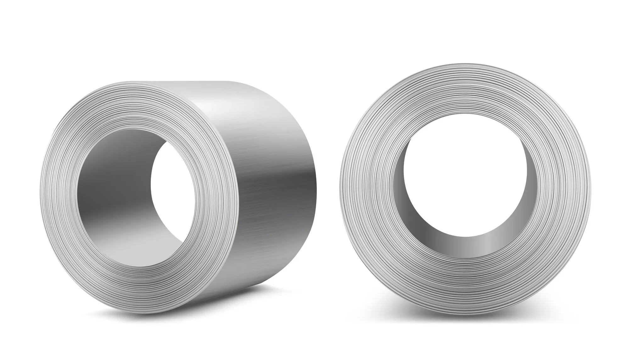 Industrial steel coils in metallic silver finish, showing rolled metal sheets for manufacturing